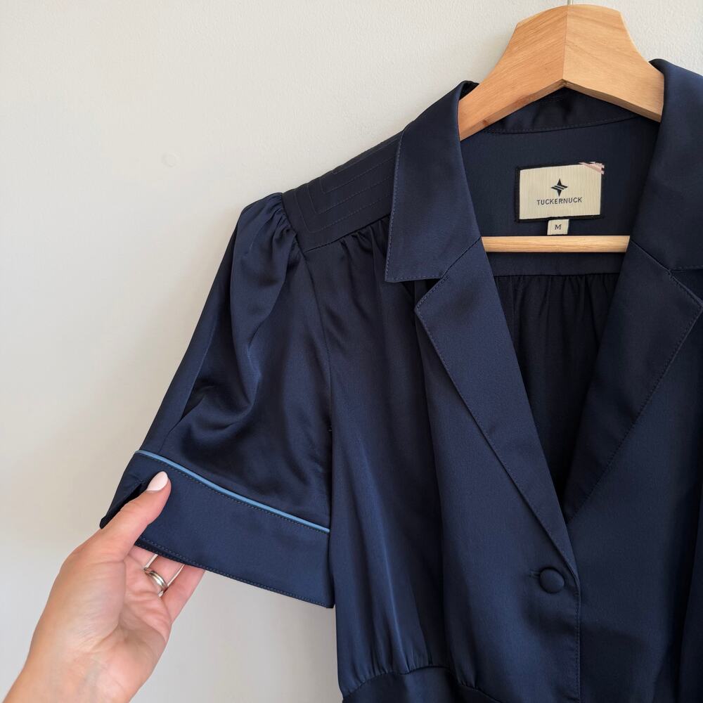 Tuckernuck Woodbine Satin Bellamy Collared Short Sleeve Midi Dress Navy Blue M - Picture 7 of 12